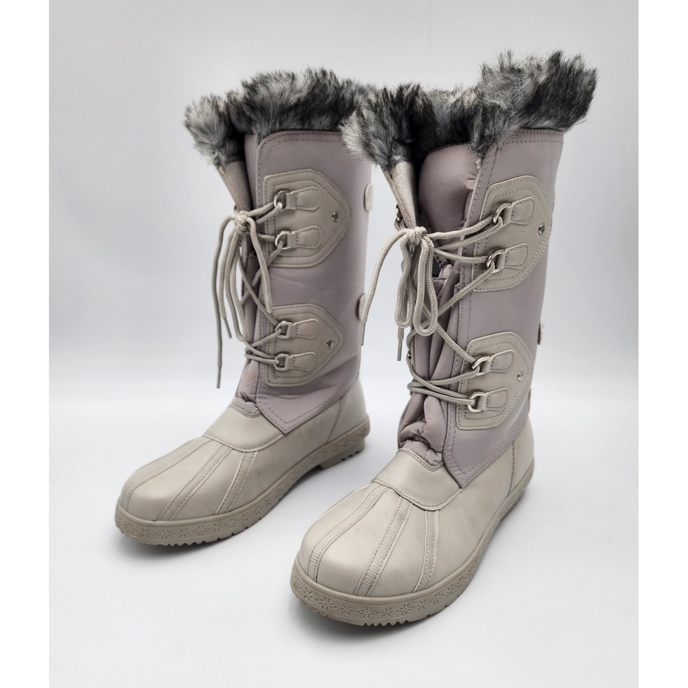 JustFab Marley Winter Boots Size 8 Lace Up Light Gray‎ Faux Fur Trim